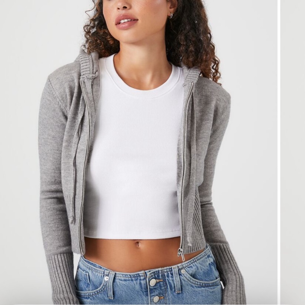 Forever 21 Cropped Grey Knitted Zip Up Sweater